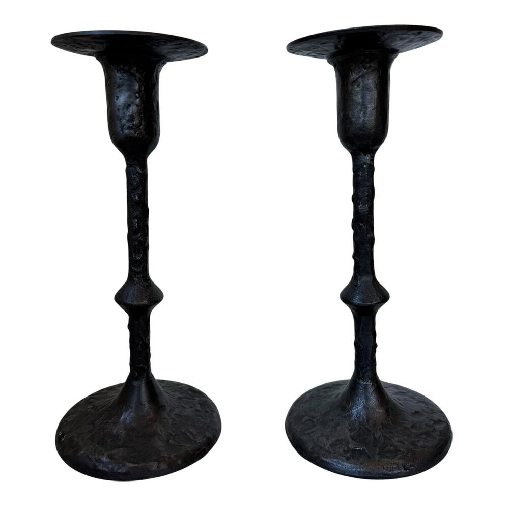 Set of Hand Forged Iron Taper Candle Holders Rustic Gothic Brutalist 10.5"